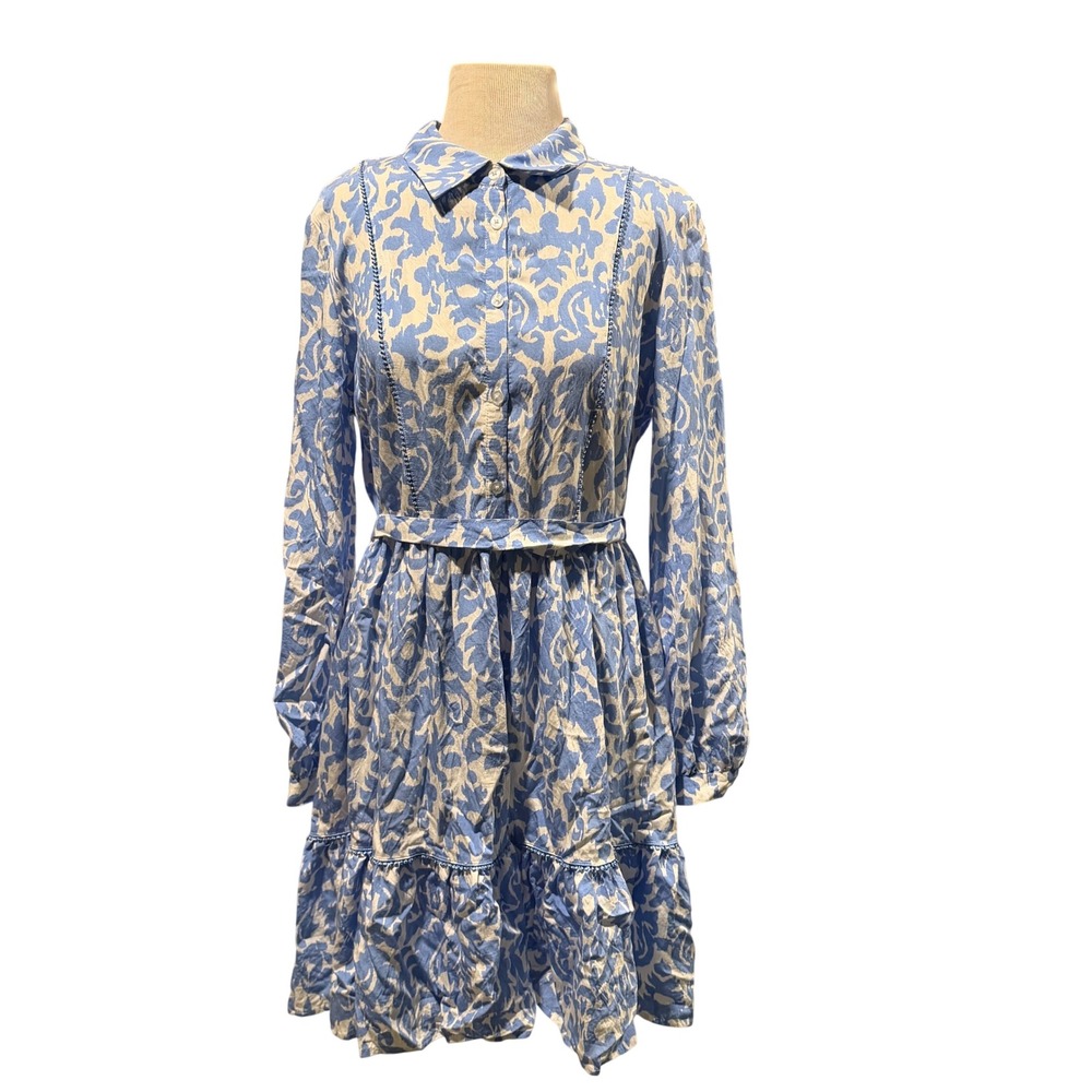 Ellen Tracy Blue White Ikat‎ Damask Tiered Shirt Dress Pom Pom Trim Large